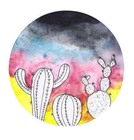Watercolor painting of a cactus drawn by a childの写真素材