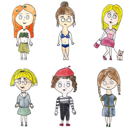 Water color illustration of a little girls  in various images drawing by a childの写真素材