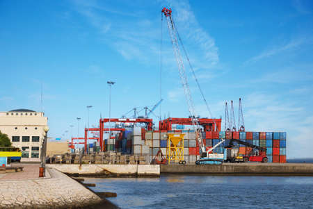 The forklift  lifting and moving a large cargo container at a busy industrial portの写真素材