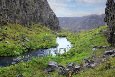 Stunning Icelandic landscape with a winding river in the valley and dramatic sky