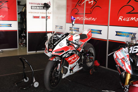 MOSCOW, RUSSIA - JULY 21, 2019: Sports motorcycle with the winner's Cup after the championship of Russia on motor racing RSBK 2019 in Moscow Racewayのeditorial素材