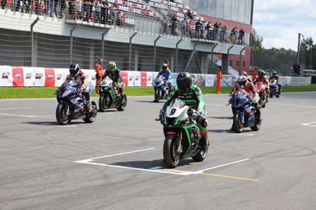 MOSCOW, RUSSIA - JULY 21, 2019: Motorcycle racers ready to start in the championship of Russia in...