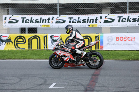 MOSCOW, RUSSIA - JULY 21, 2019: Motorcycle racer is preparing to start during the championship of...