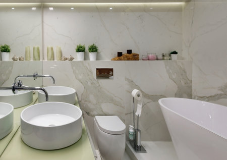 The interior of the bathroom in bright colors in a modern residential apartment