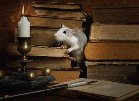 Small cute gray rat crawls between old books on the table with a candlestick and writing materialsの写真素材