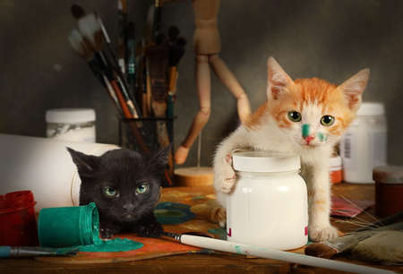 Two cute mischievous kittens played pranks on the artist's table spilling a can of paintの写真素材
