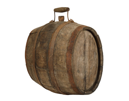 Ancient wooden barrel with metal rim and handle and stopper isolated on white background