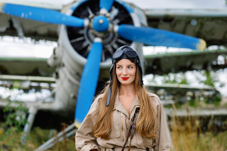 Portrait of a young pretty woman in a helmet and pilot's suit against the background of a small...