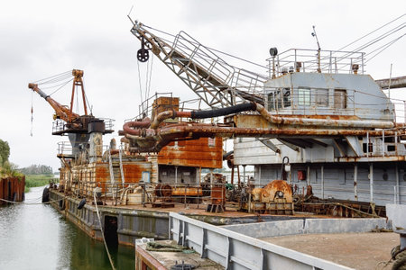 Old rusty repair the court moored to the berth of the sea portの写真素材