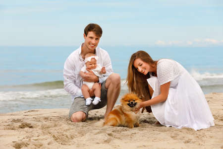 Young family with a infant and dog relax on the beach on a sunny summer dayの写真素材
