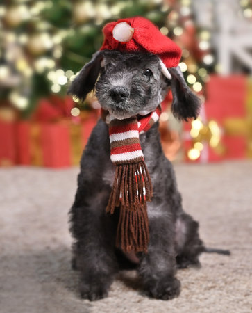 Little Bedlington Terrier puppy dog in a Santa Claus hat sits on the floor under a Christmas treeの写真素材