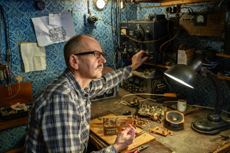 Photo in retro style with elderly man repairing an old radio receiver at homeの写真素材