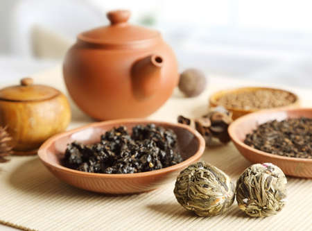 Set of different types of tea on the tableの写真素材