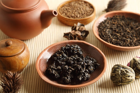 Set of various types of tea with a tea kettle on the tableの写真素材