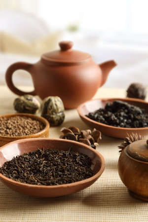 Set of various types of tea on the tableの写真素材