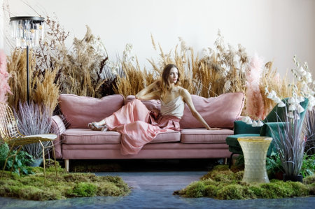 Fantasy concept with young sweet woman posing in a room in the middle of tall grass with the floor flooded with waterの写真素材