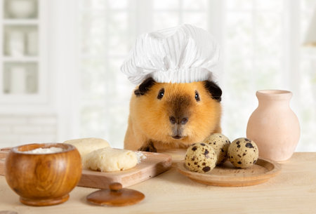 Funny guinea pig in a chef's hat cooks in the kitchenの写真素材