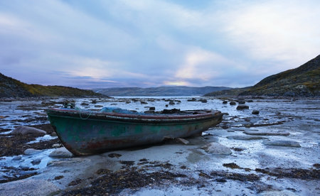 A lonely boat at low tide on the shore of the Barents Sea at sunset in northern Russiaの写真素材