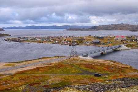 Bird's-eye view of Teriberka village in the north of Russiaの写真素材