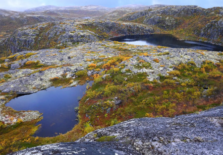 Fantastic landscape with lakes of wild nature in autumn on the Kola Peninsula in northern Russiaの写真素材