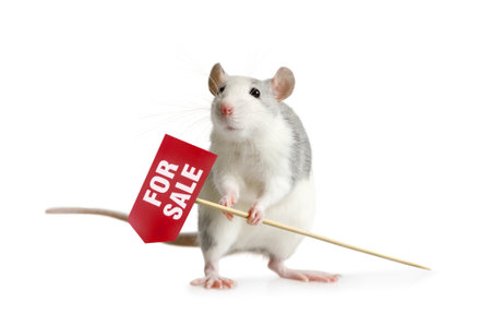 Cute little rat standing on his hind legs with a sign FOR SALE isolated on a white background. Real estate or sale themeの写真素材