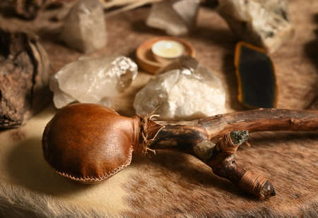 Handmade Shamanic accessories with stones for the ritual close upの写真素材