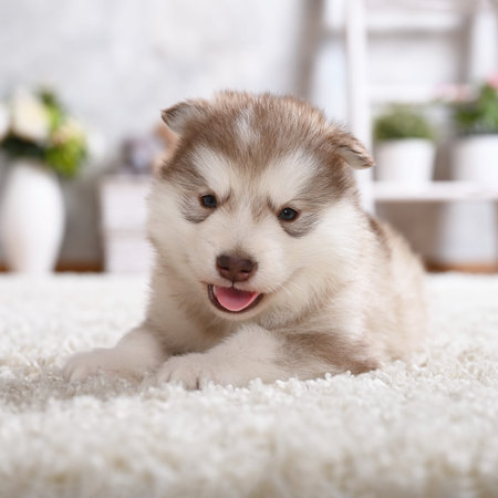 Cute Alaskan malamute puppy one month old lying on the carpet in the roomの写真素材