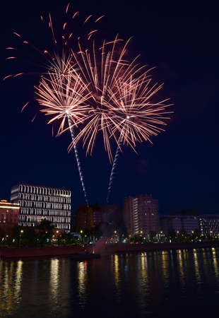 Evening fireworks over the Moscow river, Russiaの写真素材