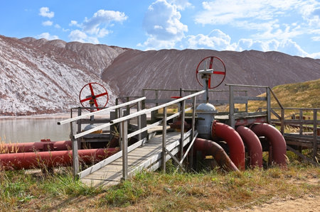 Industrial landscape with pipes on the background of slag hills in the production of potash saltの写真素材