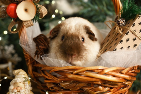 Lovely guinea pig sitting in a basket under the Christmas treeの写真素材