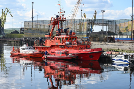 MURMANSK, RUSSIA - JUNE 21, 2023: Rescue vessel "Chasovoy" at the mooring of the Murmansk Seaport, Russiaのeditorial素材