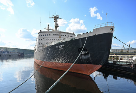 MURMANSK, RUSSIA - JUNE 21, 2023: The world's first Soviet nuclear icebreaker Lenin at the berth in...