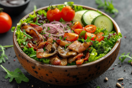 Vegetable salad with mushrooms and meat in a decorative bowl. Generative AIの素材