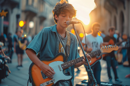 Street concert of a teenage guy with a guitar on a city street in the rays of the setting sun. Generative AIの素材