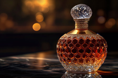 High-quality bottle with amber liquid on a blurred background. Generative AIの素材