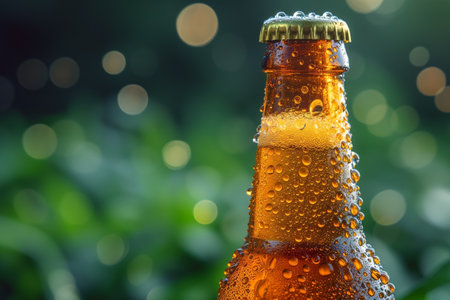 Close-up misted beer bottle on a blurred background. Generative AIの素材