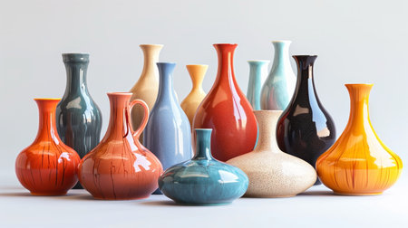 Set of ceramic vases of various colors on a light background. Generative AIの素材