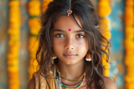 Portrait of a beautiful Indian little girl with her hair down. Generative Aiの素材