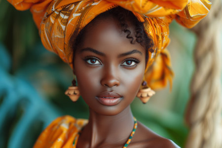 Portrait of a beautiful African girl in a national turban on her head. Generative Aiの素材