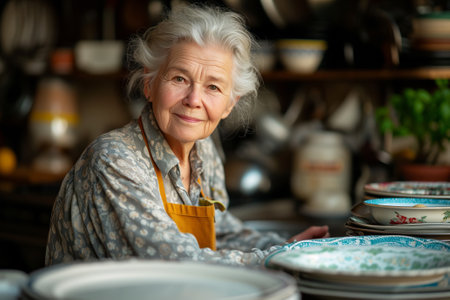 Portrait of a woman of retirement age sitting at a table in the kitchen. Generative Aiの素材