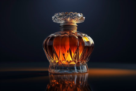 Bottle with amber liquid on a dark background. Generative AIの素材