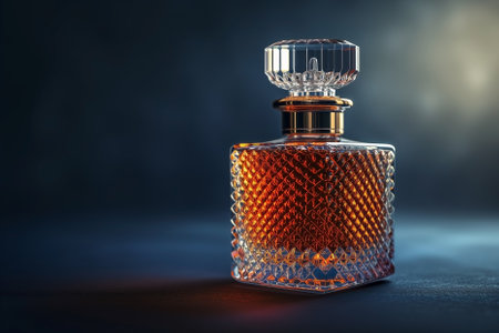 High-quality bottle with amber liquid on a dark background. Generative AIの素材