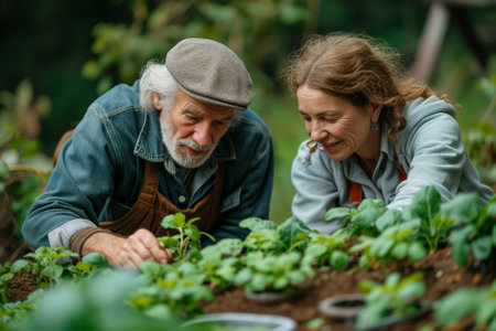 A couple of elderly pensioners are planting seedlings. Ai generatedの素材