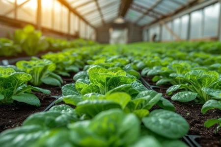 The greens in the beds are grown in a large commercial greenhouse on the farm. Ai generatedの素材