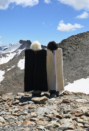 Traditional Caucasian Men's Sheepskin suits in Dombay Mountains, Russiaの写真素材