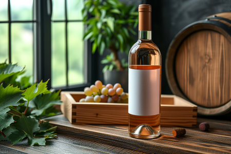 Mock-up of white wine bottle standing on a wooden table in the room. AI-generated itemの素材