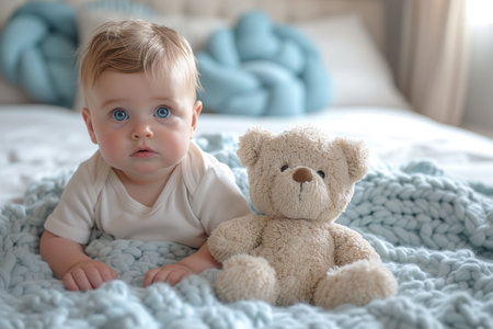 Cute little toddler blond boy with blue eyes lying on the couch with his favorite toy bear. AI-generated itemの素材