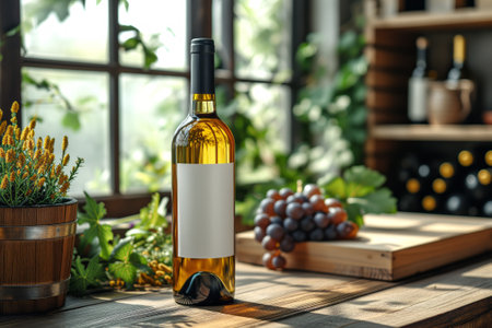 Mock-up of white wine bottle standing on a wooden table in the living room. AI-generated itemの素材