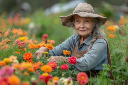 An elderly pensioner woman in a hat takes care of flower beds in her country house. Ai generatedの素材