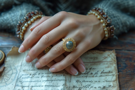 A woman's hands with a Victorian era ring are lying on an ancient letter. AI-generated itemの素材